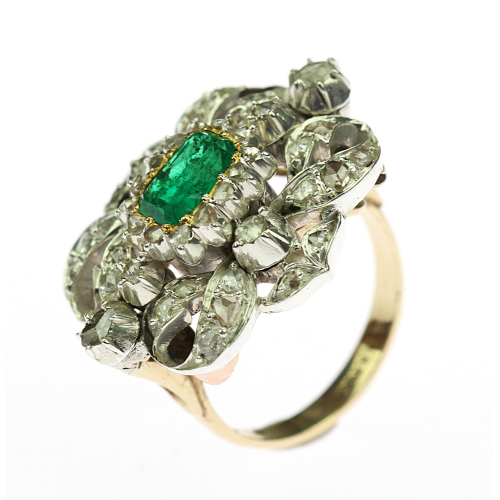 PRODÁNO - Zlatý prsten se smaragdem a diamantovými routami