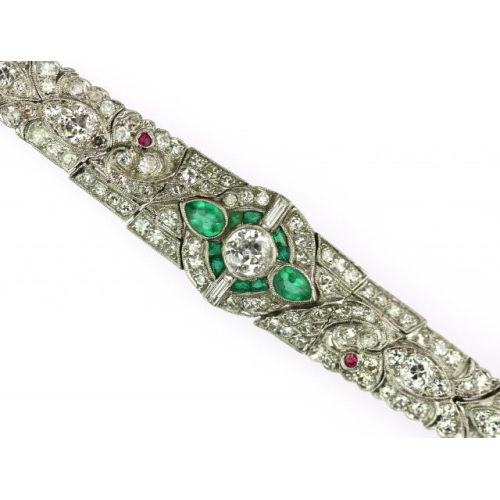 PRODÁNO - Art-deco náramek s diamanty, smaragdy a rubínky