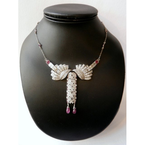 Sold - Platinum diamond necklace decorated with sapphires and rubies