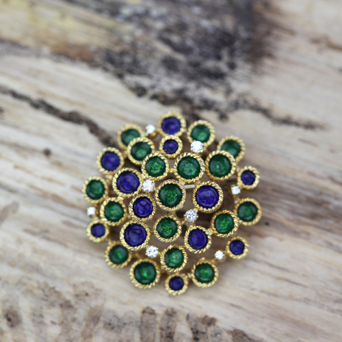 Gold brooch with diamonds and enamels
