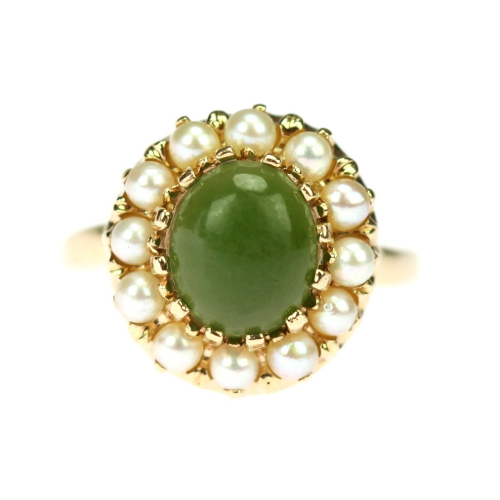 Gold ring with jade and seed pearls