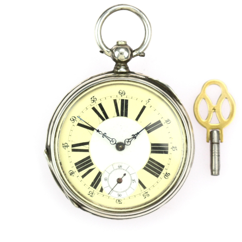 Silver pocket watch with key