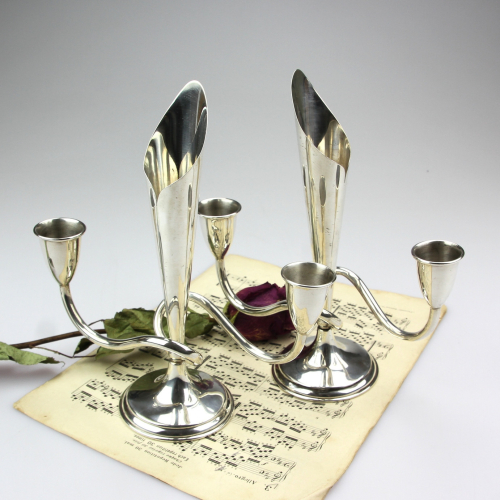 Pair of sterling silver candesticks with vase - Mexico