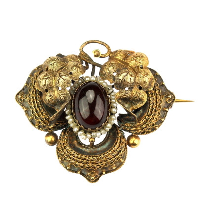 PRODÁNO - Brož v etruském stylu s granátem a perličkami