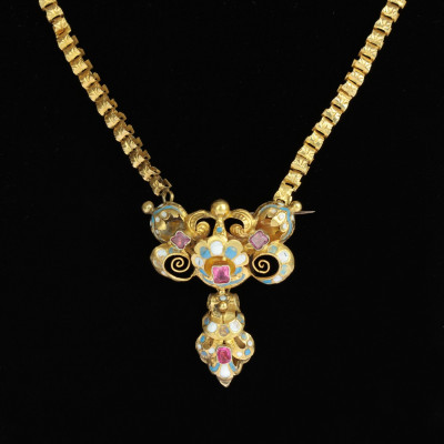 PRODÁNO - Zlatý náhrdelník/brož se smalty - druhé rokoko