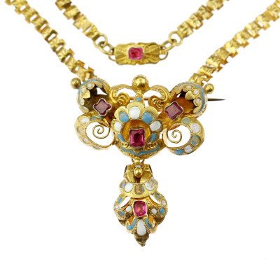 PRODÁNO - Zlatý náhrdelník/brož se smalty - druhé rokoko