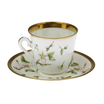 Porcelánový šálek s podšálkem - čmeláci a růžové kvítky