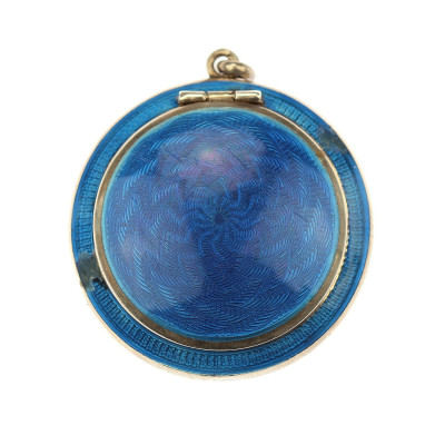 Silver powder box pendant with blue enamel