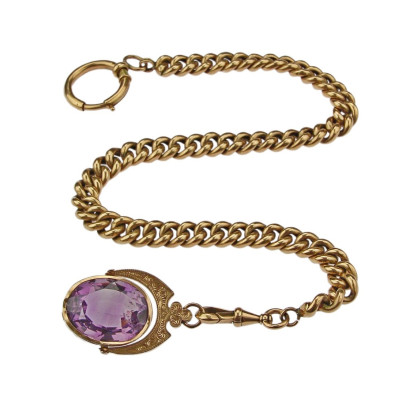 Austro-Hungarian gold pocket watch chain with amethyst