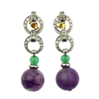 Platinum diamond hanging earrings with amethyst and chrysoprase