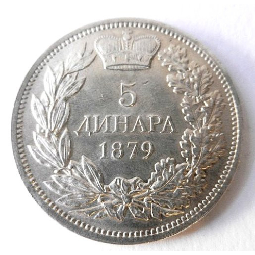 Stříbrná mince - 5 Dinárů, r. 1879