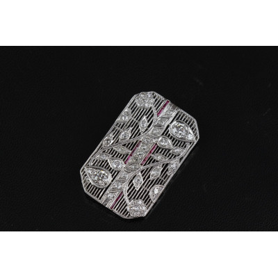 Art deco platinum brooch with diamonds and rubies