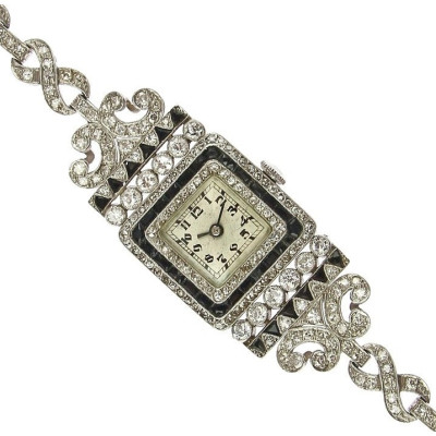 PRODÁNO - Art deco náramkové hodinky s diamanty a onyxy