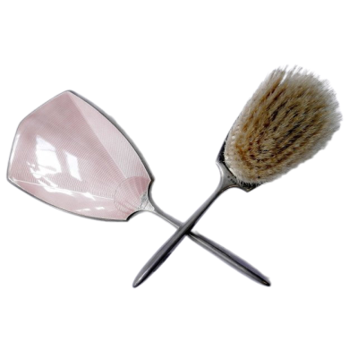 Pink enameled silver mirror and hairbrush set - Birmingham 1936