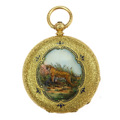 Triple-case gold pocket watch with enamel