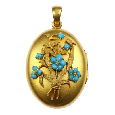 Austro-Hungarian gold locket with turquoises and pearls
