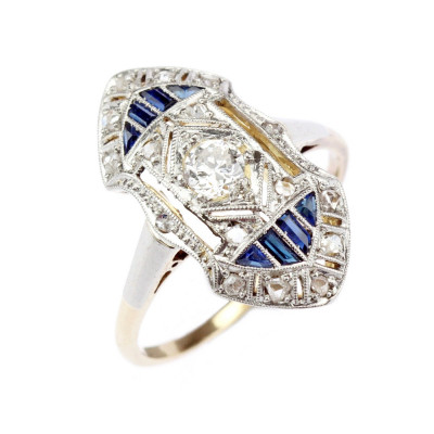 PRODÁNO - Art deco prsten s diamanty a syntetickými safírky