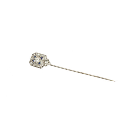 PRODÁNO - Art deco platinová jehlice s diamanty a syntetickými safíry