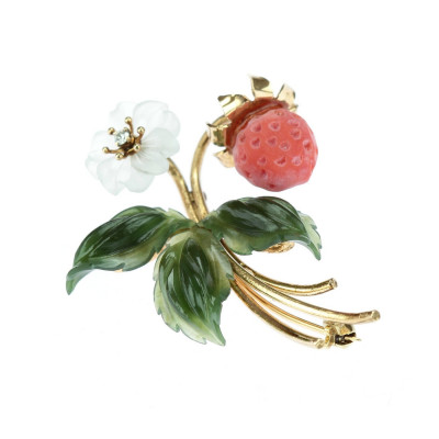 PRODÁNO - Zlatá florální brož - lesní jahůdka