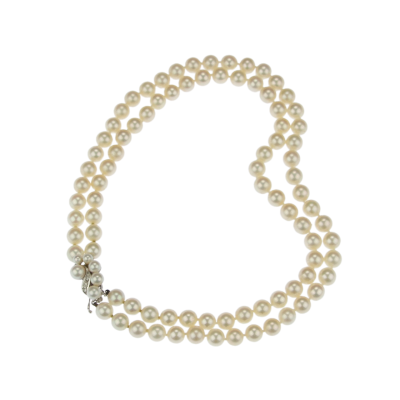 Double row pearl necklace with gold clasp and diamonds