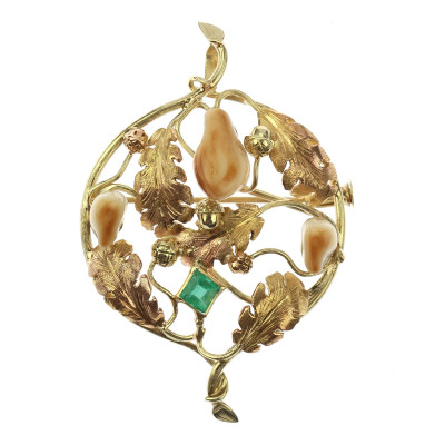 Zlatá brož/přívěsek s grandlemi a smaragdem