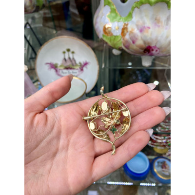 Zlatá brož/přívěsek s grandlemi a smaragdem