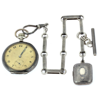 Silver pocket watch and chain with locket