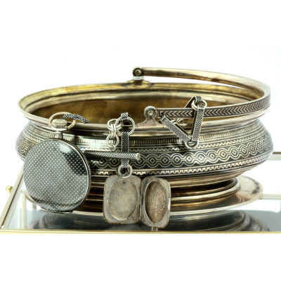 Silver pocket watch and chain with locket