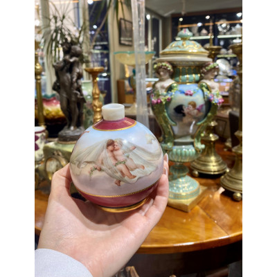 Milk glass vase with painted scene