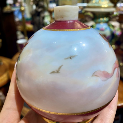 Milk glass vase with painted scene