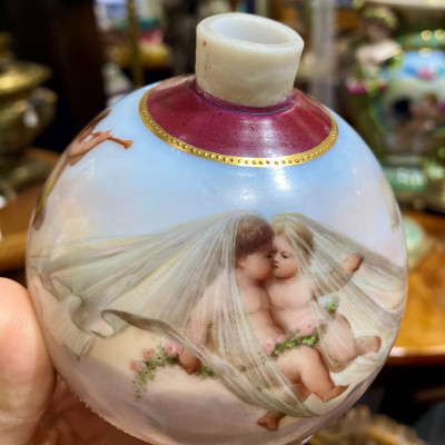 Milk glass vase with painted scene
