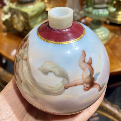 Milk glass vase with painted scene