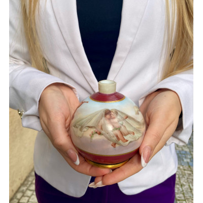 Milk glass vase with painted scene