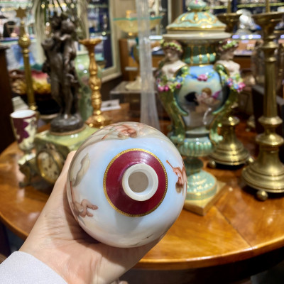 Milk glass vase with painted scene