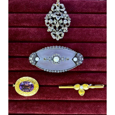 Austro-Hungarian brooch with rock crystal, diamonds, and pearls