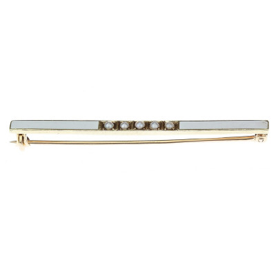 Gold bar brooch with enamel and seed pearls