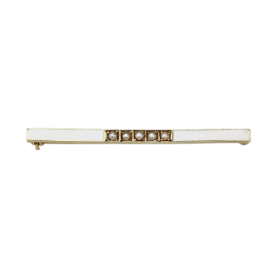 Gold bar brooch with enamel and seed pearls