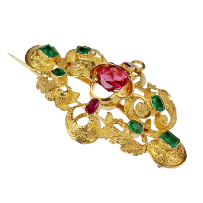 Zlatá druhorokoková brož s drahými kameny