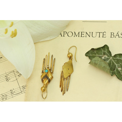 Rakousko-uherské zlaté náušnice s tyrkysy a smaltem