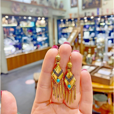 Rakousko-uherské zlaté náušnice s tyrkysy a smaltem