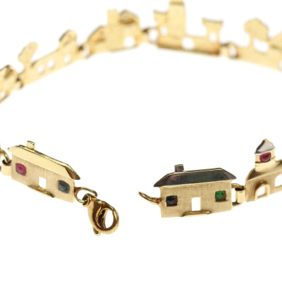 Zlatý náramek s drahými kameny - domečky