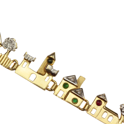 Zlatý náramek s drahými kameny - domečky