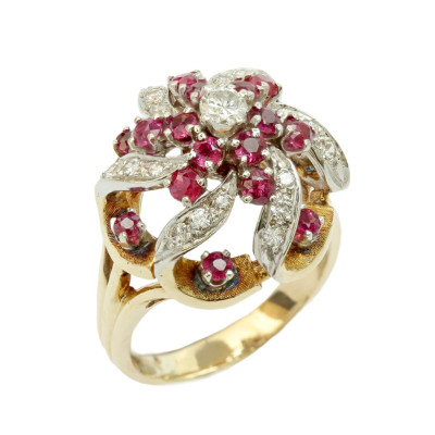 Cocktail gold ring with diamonds and rubies
