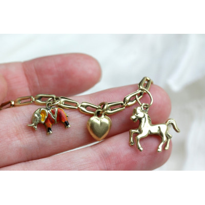 Zlatý náramek se zvířátky a srdíčky - 19,5 cm