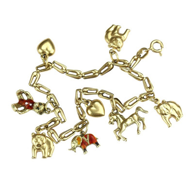 Zlatý náramek se zvířátky a srdíčky - 19,5 cm