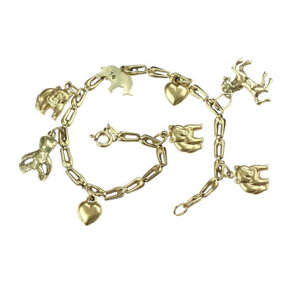 Zlatý náramek se zvířátky a srdíčky - 19,5 cm