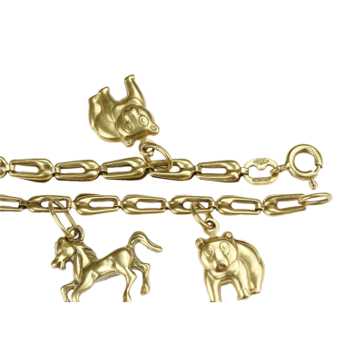 Zlatý náramek se zvířátky a srdíčky - 19,5 cm