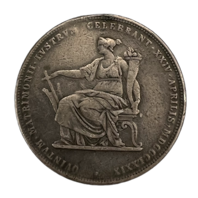 Stříbrná mince - jubilejní dvouzlatník, stříbrná svatba Františka Josefa a Alžběty, 1879