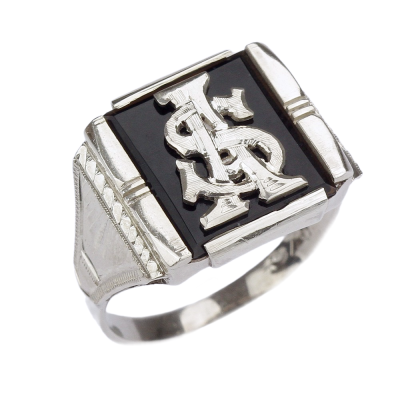 Silver ring with onyx and "AS/SA" monogram