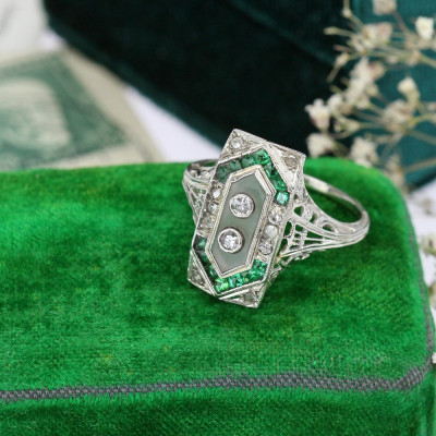 SOLD - Art deco rock crystal, diamond and emerald ring